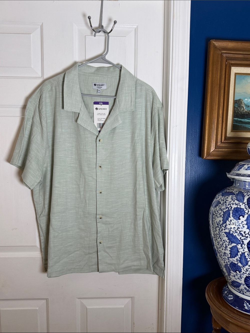 NWT Men’s Sperry Men’s Short-Sleeve Camp Collar Button-Down Shirt in Light Sage